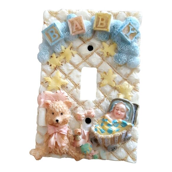 Nursery Wall Switch Plate Cover 3D Baby Pram Blocks Teddy Bear Rattle Stars - Picture 1 of 2